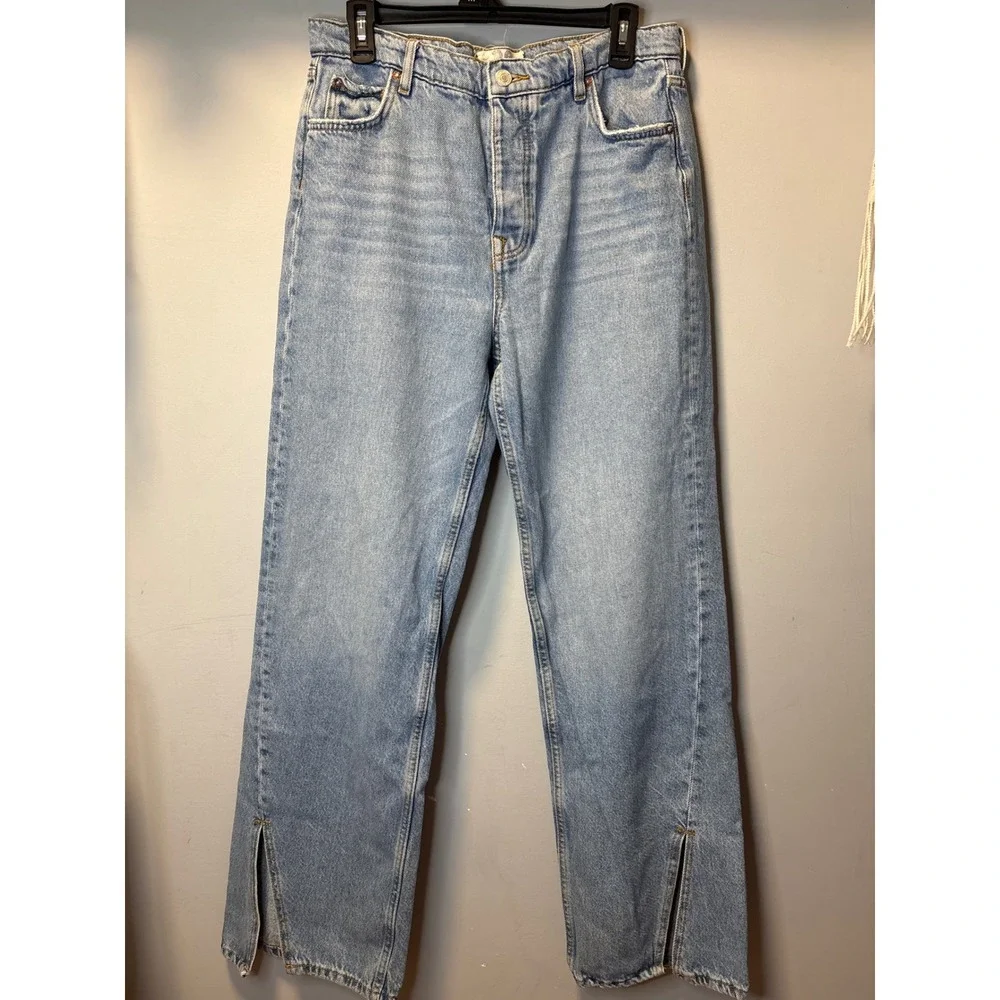 Free People High Rise Straight Wide Leg Split Hem Jeans Vintage Light Wash 30